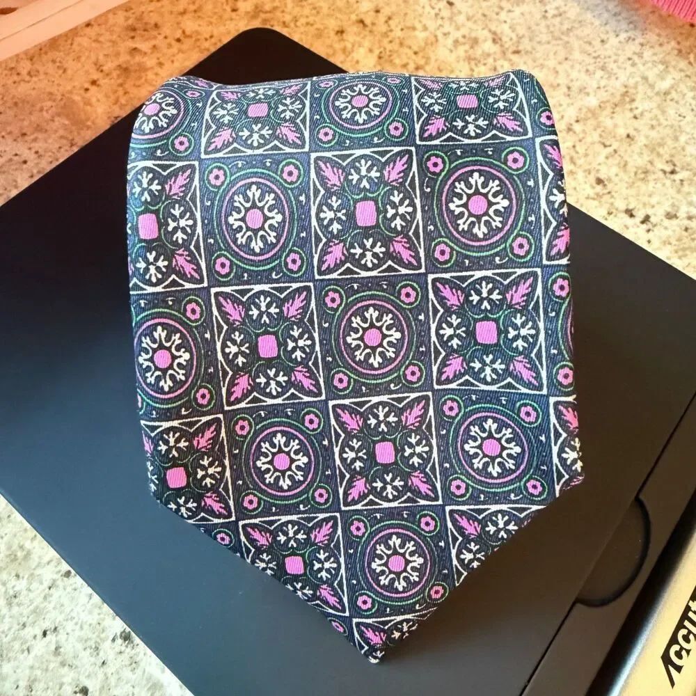 Vintage Giorgio Armani Silk Tie Geometric Medallion Black Purple Pink Made Italy